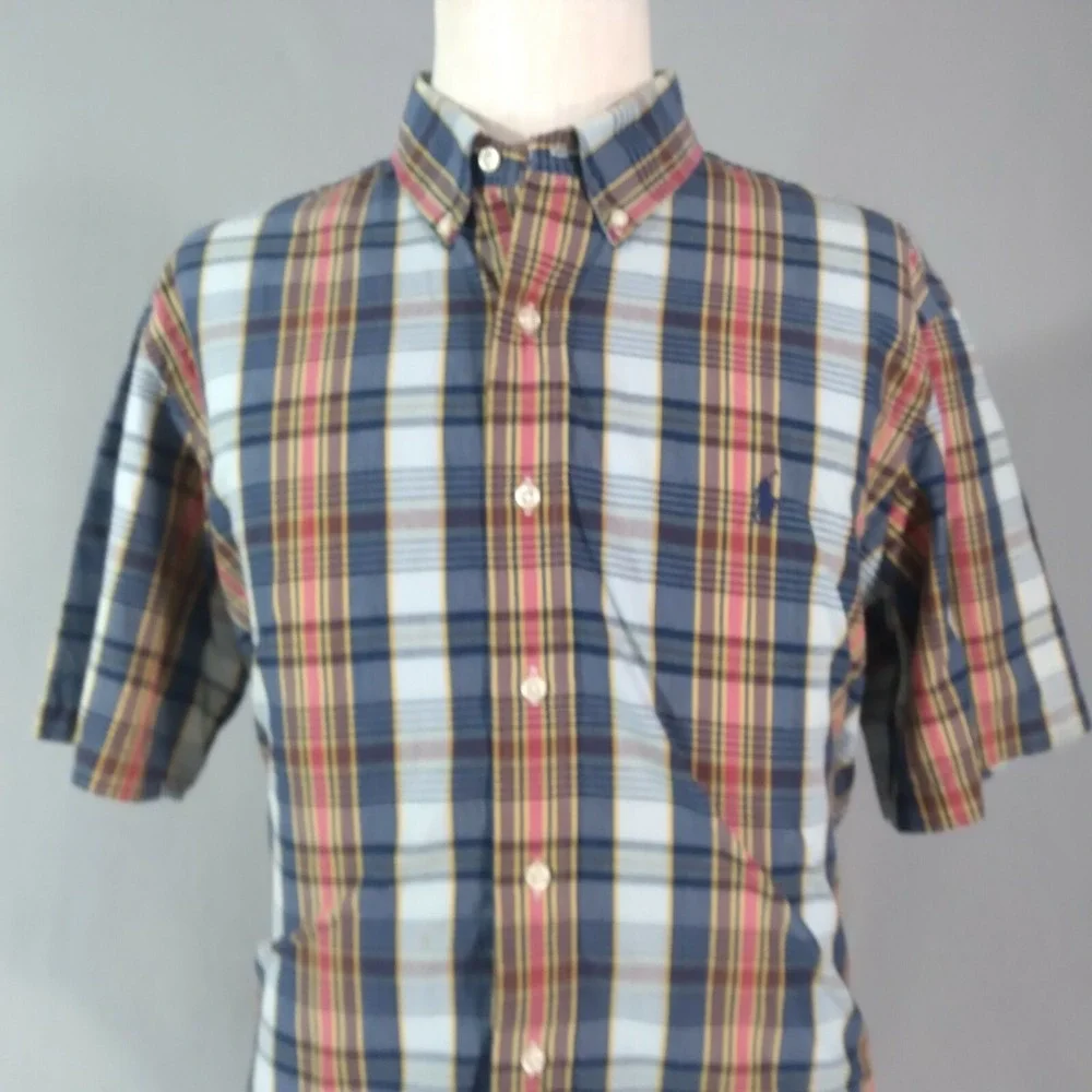 Ralph Lauren shirt mens large blue plaid shorts sleeve cotton Preppy retro
